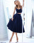 Elegant Navy Blue Two Pieces Prom Dresses Satin Ruffles Tea Length Party Gowns 2018